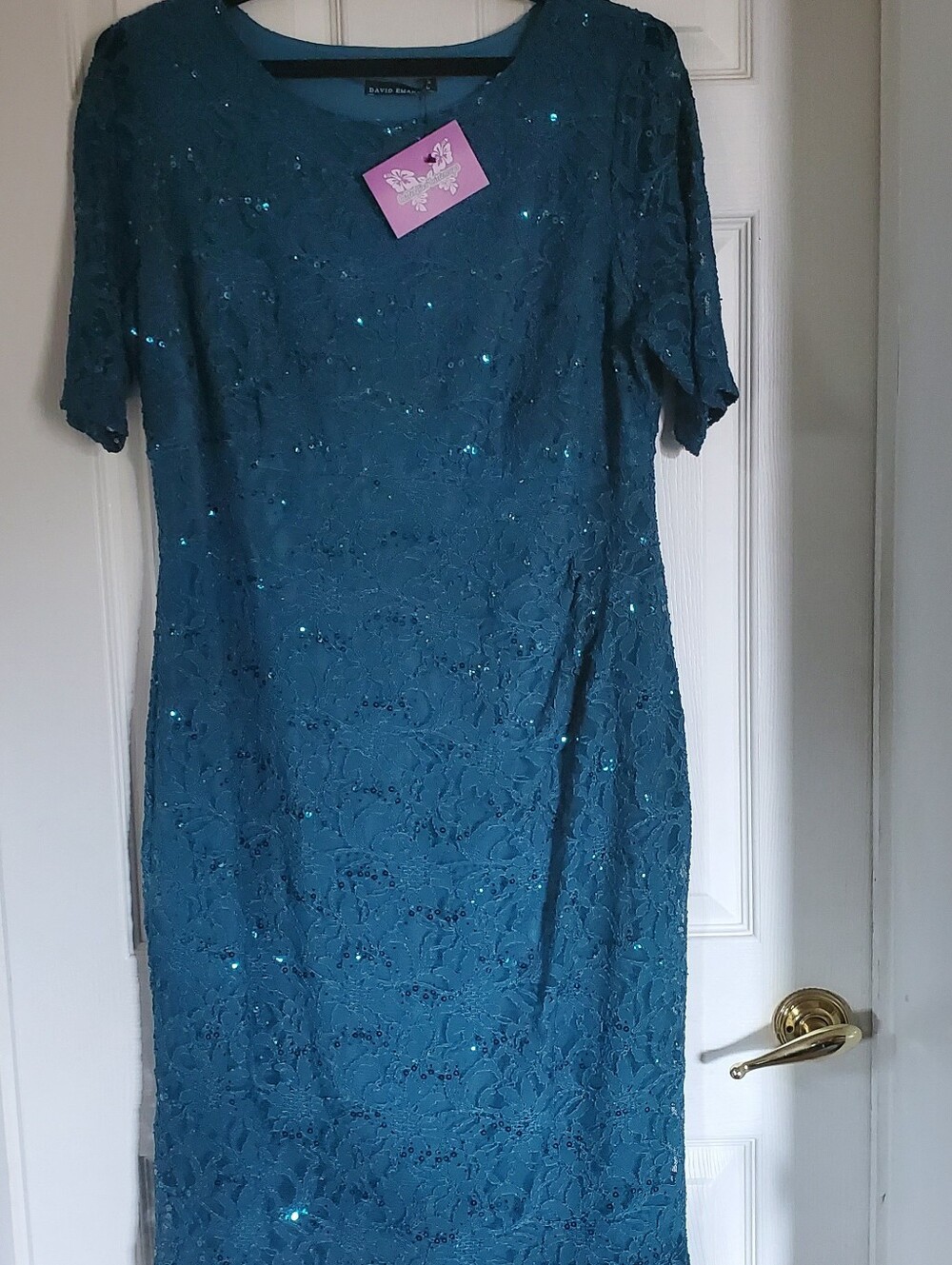 Teal Lace Sequin Short Sleeve Sheath Dress 18
